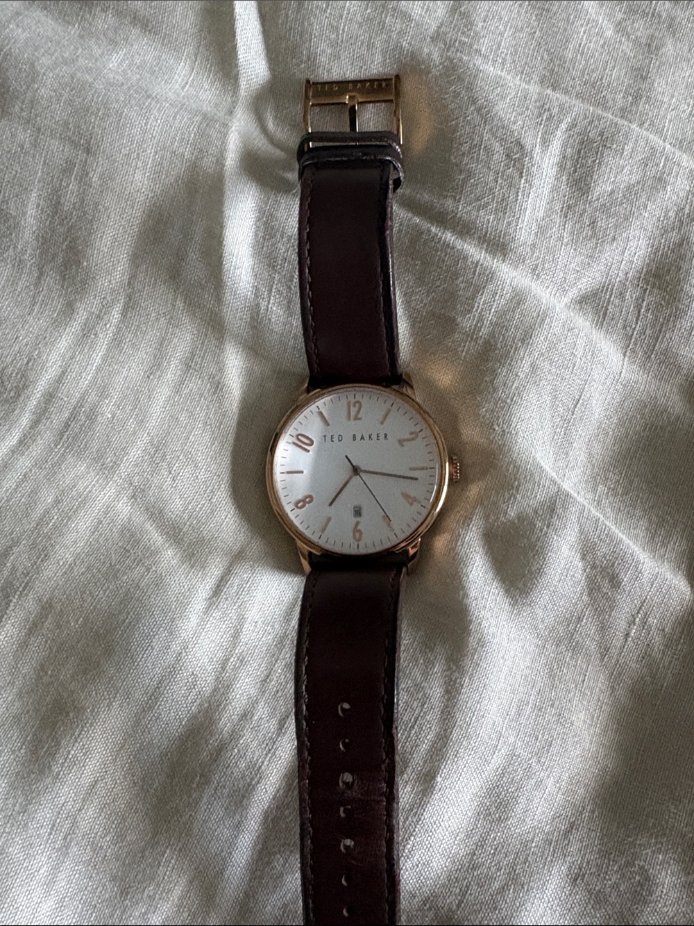 Ted Baker Rose Gold and White Dial Watch with Dark Brown Leather Strap